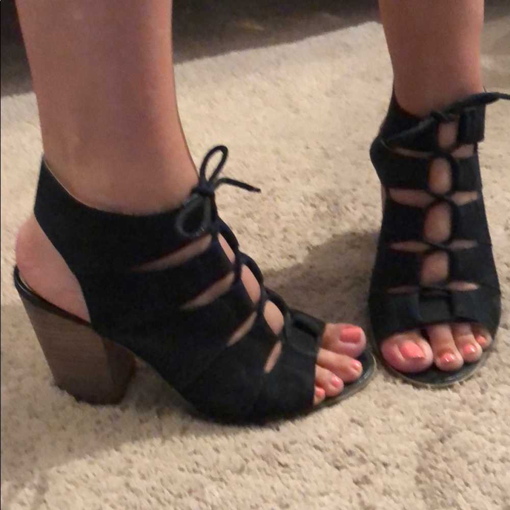 Black suede lace up open toe booties block heel